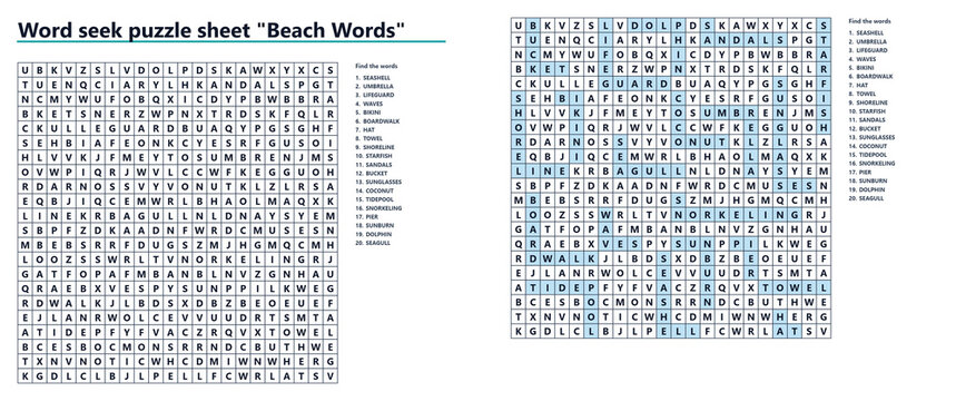 Word seek puzzle sheet Beach Words, with answers