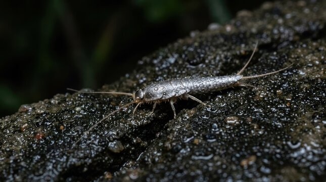 A silverfish on a wet rock with water droplets.
