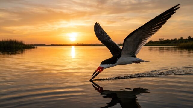 A black skimmer bird in flight over a calm lake at sunset.