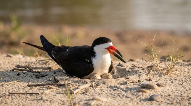 A black skimmer bird with a red beak and black and white feathers, sitting on a sandy beach near a body of water.