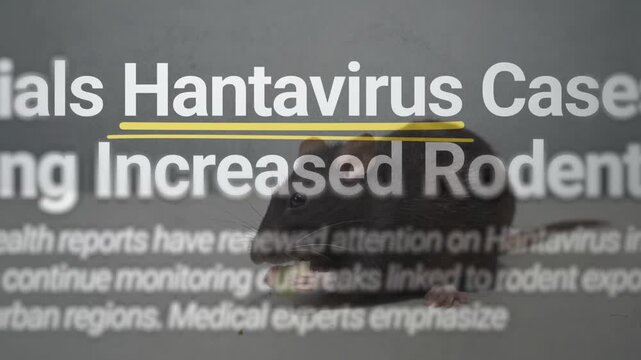 A domestic or wild rat eating a piece of food on a plain background, with text about expanding hantavirus prevention programs.