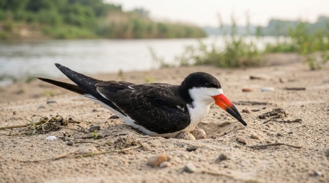 A black skimmer bird with a red beak and black and white feathers, standing on a sandy beach near a river.