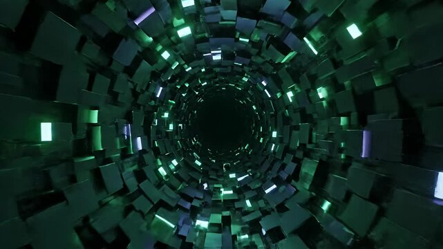 Abstract tunnel of geometric cubes with neon green and blue lights