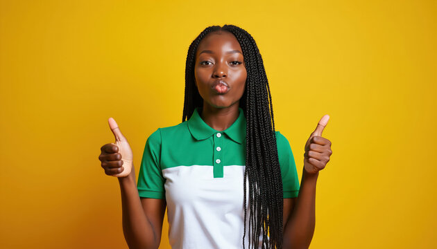Young Black woman with braids gives two thumbs up. She makes kissy face with fun expression on yellow background. She wears green and white polo shirt.