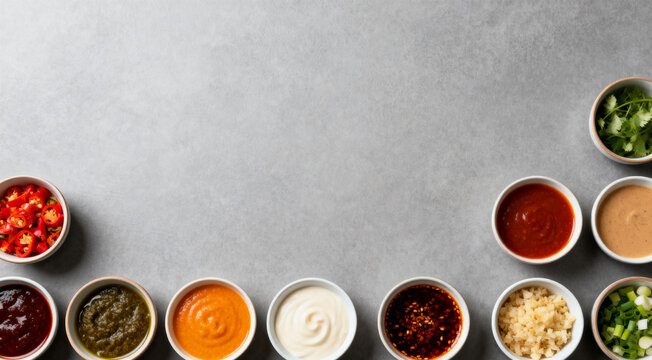 Flat lay bowls with sauces and ingredients on gray background