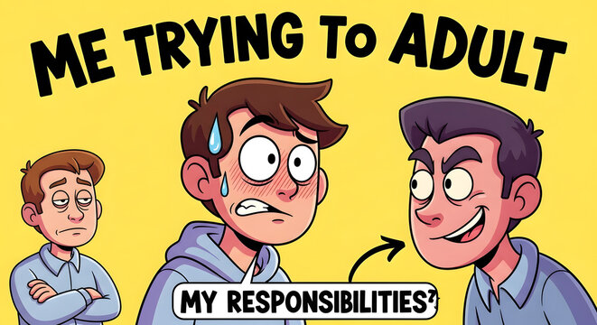 A frustrated young man struggles with adult responsibilities in a humorous cartoon scene
