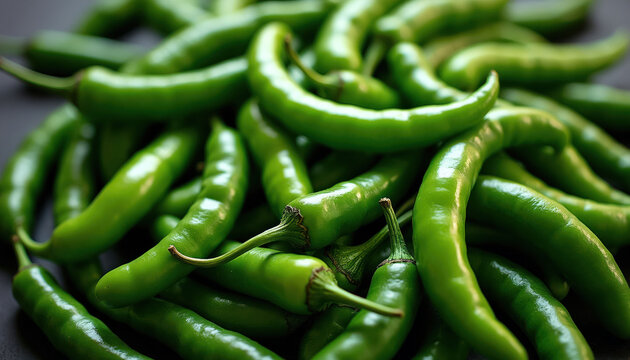 Pile of fresh green serrano peppers close up. Spicy chili vegetables for cooking healthy food. Organic produce assortment arranged for culinary use.