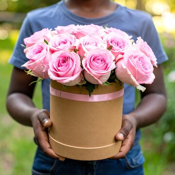A person holding a bouquet of pink roses