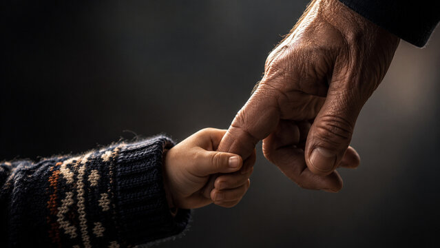 Small child hand holding elderly finger showing a bond of trust and protection in a warm emotional atmosphere close up conceptual photo