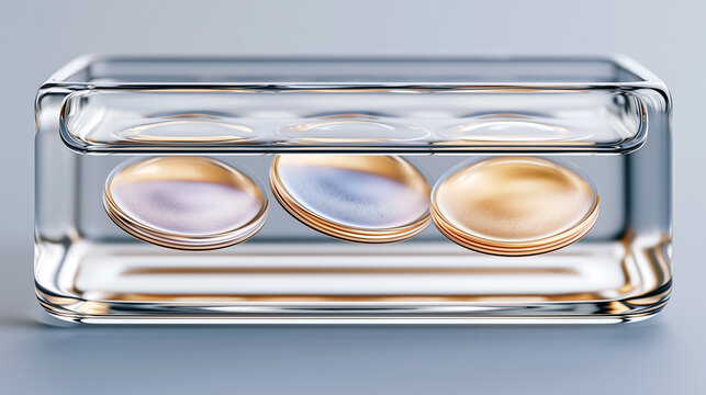 Three synthetic corneal implant discs stored in transparent glass medical container. Iridescent bioprinted eye tissue components ready for next-generation regenerative ophthalmology transplantation.