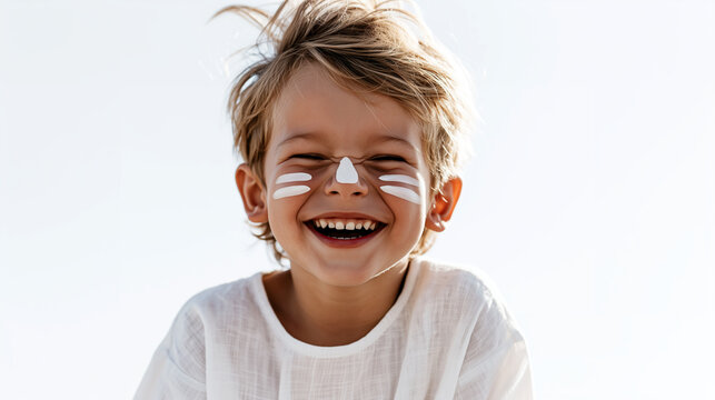 Happy laughing boy with white sunscreen stripes on nose and cheeks. Joyful child enjoying summer sun protection routine isolated on bright white background.