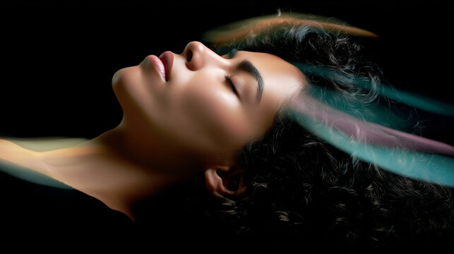 Young Latina woman lying with eyes closed surrounded by subtle colorful light streaks against dark background. Sleep, dreaming, mental energy flow, inner peace and subconscious mind concept.
