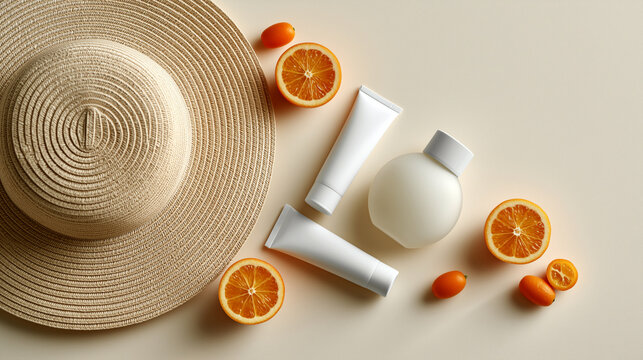 Elegant flatlay mockup of blank white sunscreen tubes and round bottle beside straw sun hat and fresh orange slices on warm beige background. Summer beauty, SPF and skincare branding concept.