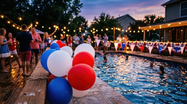 Independence day backyard party friends celebrating july 4th with pool and decorations