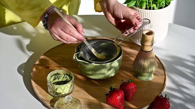 Close-up of hands tapping matcha powder through fine mesh strainer into ceramic bowl with bamboo whisk ready on wooden board beside fresh strawberries. Powdery green dust settling gently in morning