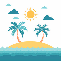Fototapeta premium Tropical Island Paradise with Palm Trees, Sun, and Clouds