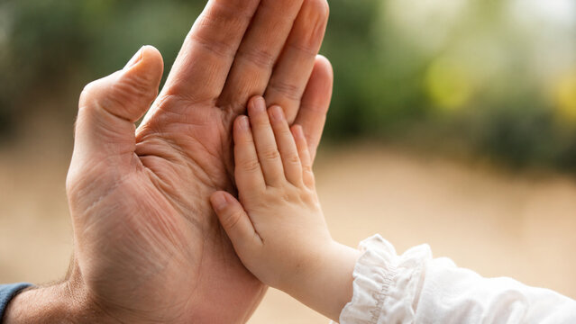 Small toddler hand and adult hand touching together with love and protection symbolizing generation gap and family connection close up