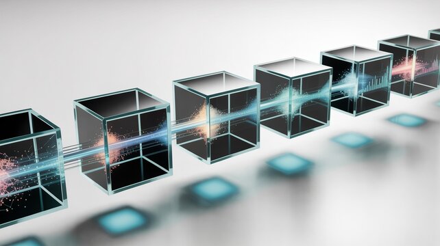 Translucent glass data cubes floating in linear alignment &ndash; Suitable for cloud computing articles, analytics dashboards, or digital transformation themes.