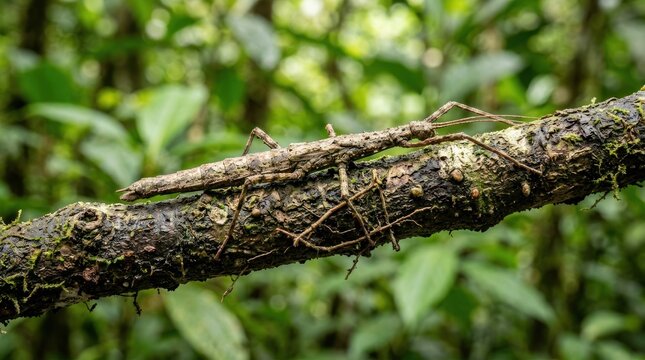 A stick insect on a tree branch in a dense jungle setting.