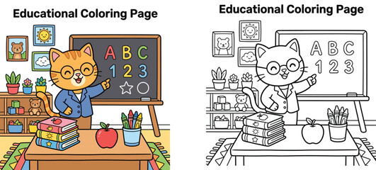 Obraz premium Educational coloring page for kids with cute cat teacher in classroom, vector illustration of preschool classroom activity book sheet with colored reference