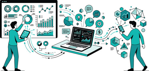 Data analytics and business intelligence illustration with people analyzing charts and connecting devices in modern digital technology artwork © Sammi