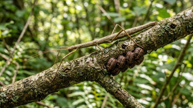 A stick insect on a tree branch in a forest setting.