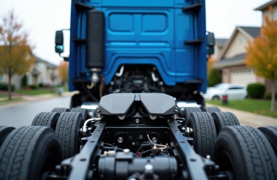 Blue heavy cargo truck chassis with multiple wheels and visible engine parts. Commercial transport vehicle on residential street, ready for freight transport logistics.