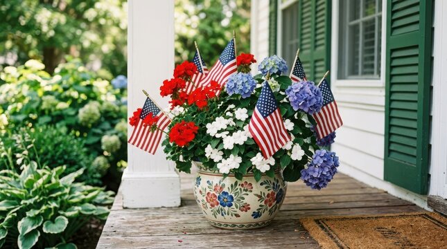 Independence day floral display patriotic flowers and american flags on porch
