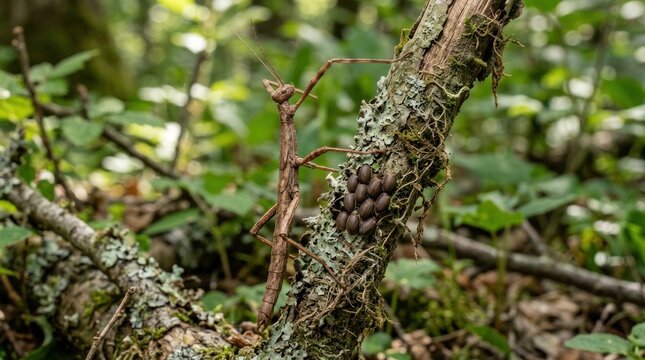 A stick insect on a tree branch with lichen and moss.