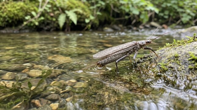 A stonefly on a rock in a stream. The insect concept of aquatic insects.