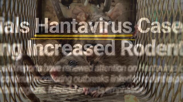 Wild rats caught inside a wire cage trap, with an overlay of text about launching hantavirus awareness to educate the local community.