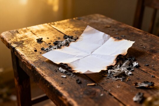 Burnt paper on wooden table