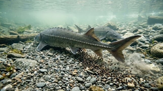 Two sturgeon swimming in a river with gravel and rocks.