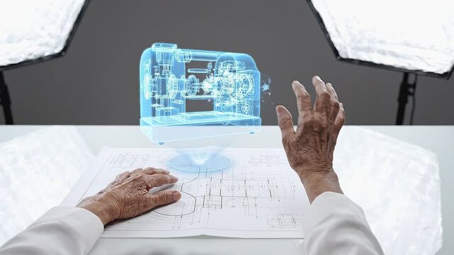 Hands of a senior person with tan skin interacting with a blue hologram of a mechanical device over paper blueprints.