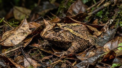 Obraz premium A toad sitting on a pile of leaves in a forested area.
