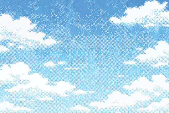 Blue Sky with White Clouds in Color Halftone Texture,Abstract Cloud Pattern Vecor with Dotted Pixel Effec, Retro Pop Art Style Comi Book Sky Background for Gaphic Design and Digital At.