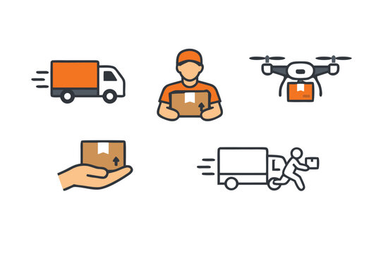 Professional Delivery and Logistics Icon Set with Fas Shipping Truck, Courier Hlding Package, Modern Deliery Drone, Hand Carrying Bx, and Express Courier Symols for E-commerce Busines.