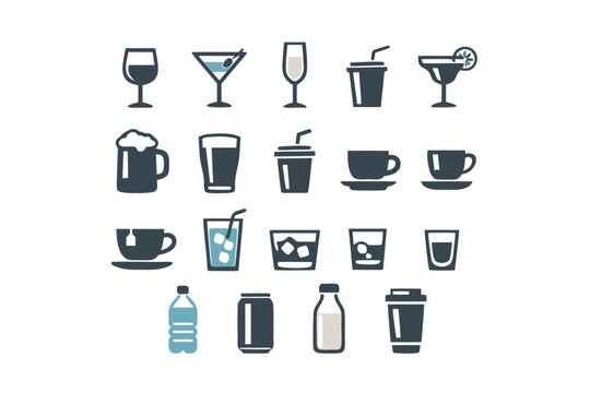 Comprehensive collection of minimalist beverage iconsfeaturing wine glasses, ber mugs, coffee cups, tea, oda, water bottles, and coktails. Flat vector designfor restaurant menus and aps.