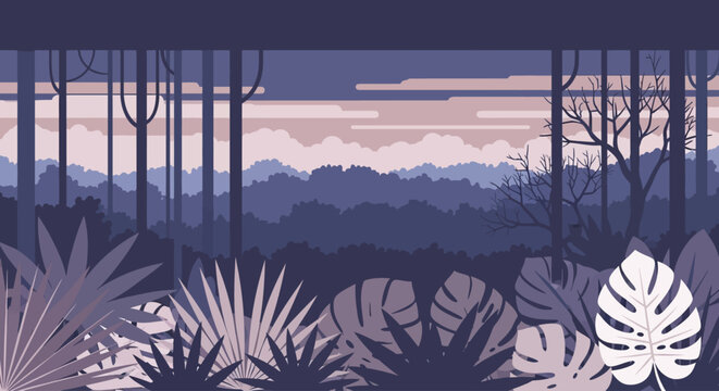 Tropical forest, jungle landscape, purple sunset, foliage illustration