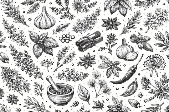 Herbs and Spices Seamless Pattern Vector Illustrationfeaturing Hand Drawn Food ketches of Garlic, Cinnamo, Star Anise, Chili Pepper Rosemary, Basil, and Mortr and Pestle in Vintage Boanical