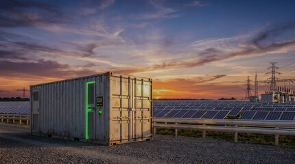 Obraz premium Renewable Energy Battery Storage System with Solar Farm Infrastructure
