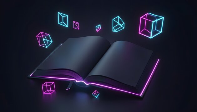 Futuristic dark mode UI hero header featuring a glowing 3D open book with abstract neon shapes.