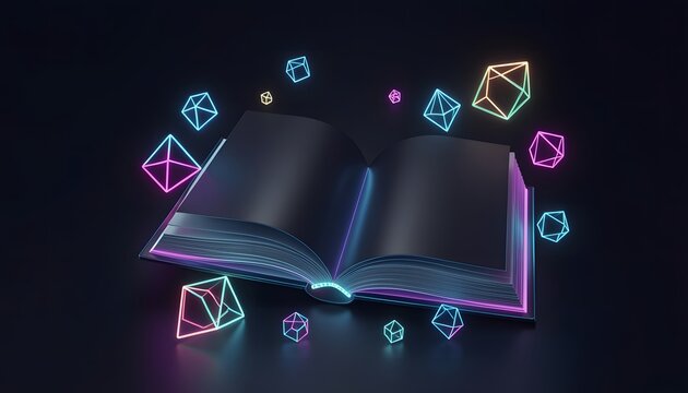 Futuristic dark mode UI hero header featuring a glowing 3D open book with abstract neon shapes.