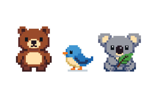 Pixel art animals collection with a cute brown bear,  small blue bird, and a gry koala holding a green eualyptus leaf, simple flat ector illustration for gam assets and creative desig.
