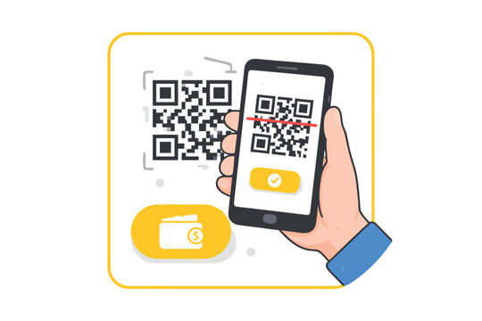 Mobile Payment Vector Illustration of a Hand Holding  Smartphone Scanning a QR ode for Instant Transactio, Digital Wallet Icon, Conactless Pay Concept, Barcoe Scanner on Phone Screen I.