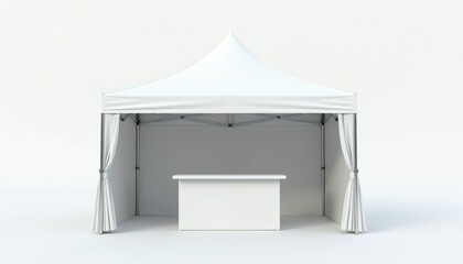 Naklejka na ściany i meble White pop up event tent with table for promotions. Portable shelter for trade shows outdoor markets. Ready for custom branding, product display.