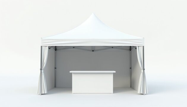 White pop up event tent with table for promotions. Portable shelter for trade shows outdoor markets. Ready for custom branding, product display.