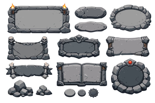 Stone Game Frame Collection with Rocky Textures and Mdieval Design Elements: Catoon UI Buttons, Ancient Fntasy RPG Interface Panels Skulls, Bones, and Torche for Mobile App Game Asset.