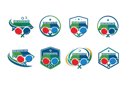 Set of Table Tennis and Ping Pong Logos and Icons Feauring Rackets, Balls, and ables with Nets in VariousShield, Circle, and Hexago Frames for Sports Clubs, ournaments, and Competitios.