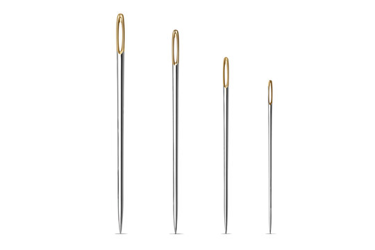Set of Four Realistic 3D Stainless Steel Sewing Needls with Large Golden Eyes fr Hand Stitching, Darning,and Embroidery, Professionl Tailoring Tools Collectin Isolated on White Backgrund.